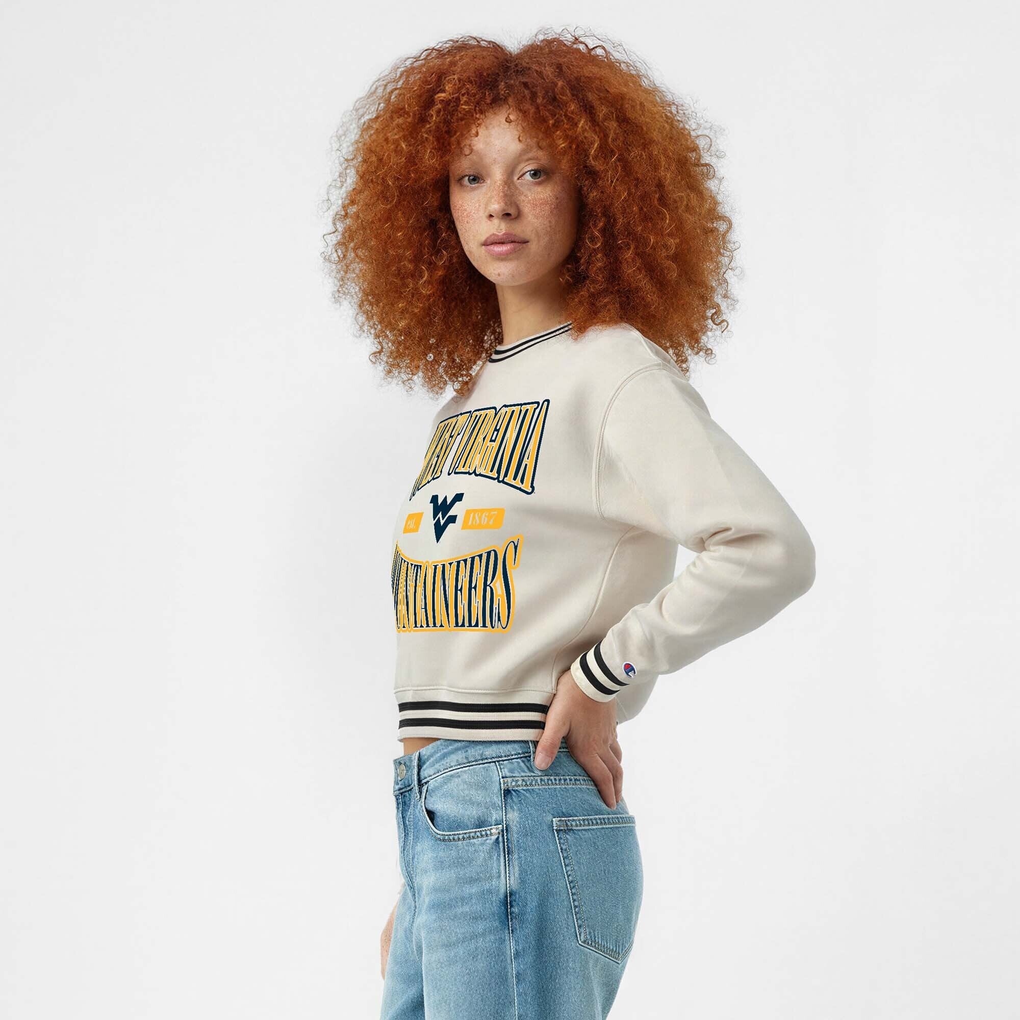 Women's Champion White West Virginia Mountaineers Yarn Dye Rib Reverse Weave Crew Sweatshirt
